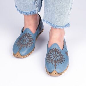 Handmade Turkish Blue Leather Aladdin Style Shoes Folkart Design | EU 35 / US 6